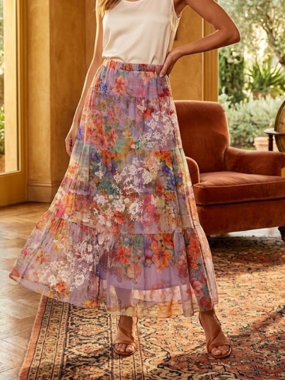 Johnny Was Tiered Maxi Skirt with Floral Embroidery NWT Size M
